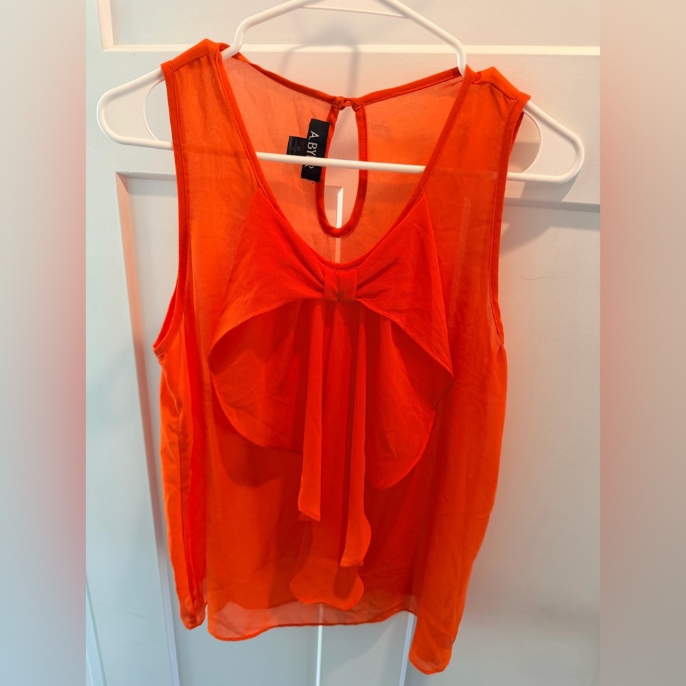 A Byer Orange Sleeveless Blouse Medium Bow Front Sheer Layered Top